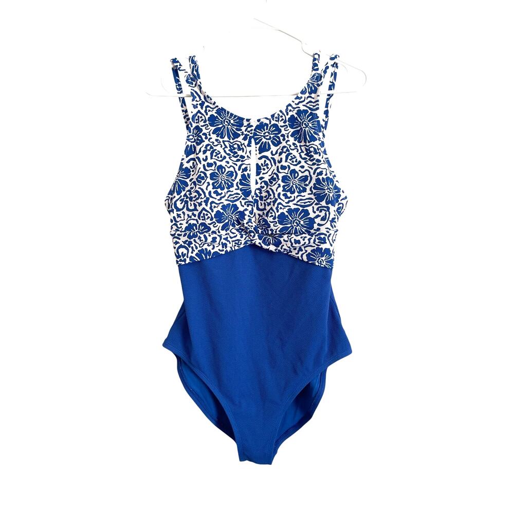 Tommy Bahama Island Cays Hibiscus High Neck One Piece swimsuit blue white